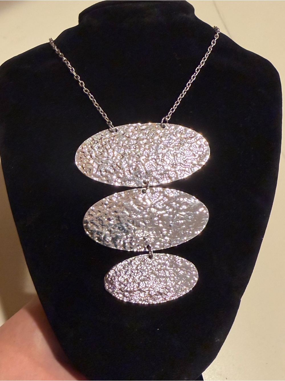 Long Chain Silver Textured Triple-Oval Pendant Necklace - Women Jewelry